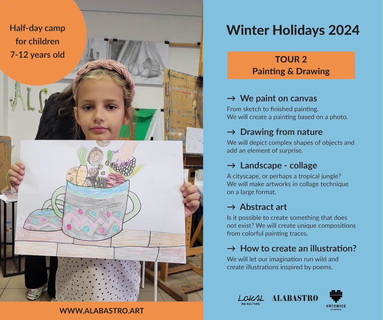 A participant shows her drawing at the 2024 winter holidays.